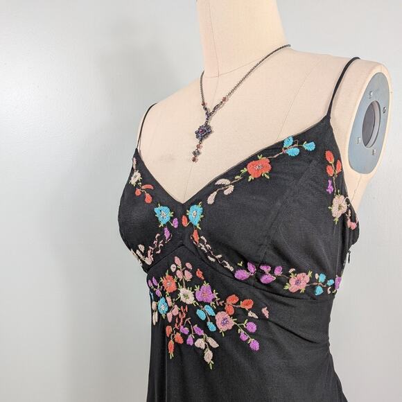 Y2K Midi Dress Cocktail Gown 14 Black Fairy Goth Vintage Floral Embroidery Mesh - Picture 4 of 12